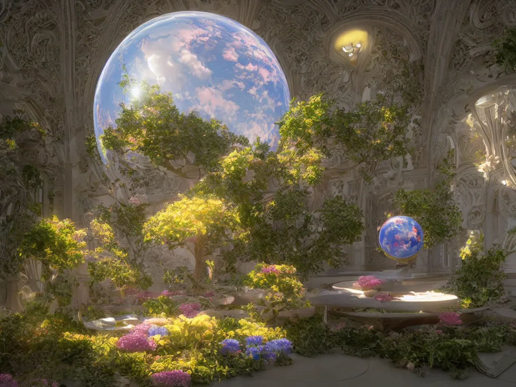 Image similar to 3 d render, sunlight study, the universe is a spheroid region 7 0 5 meters in diameter, art nouveau, by rachel ruysch and ( ( ( ( ( lisa frank ) ) ) ) ), 8 k, sharp focus, octane render