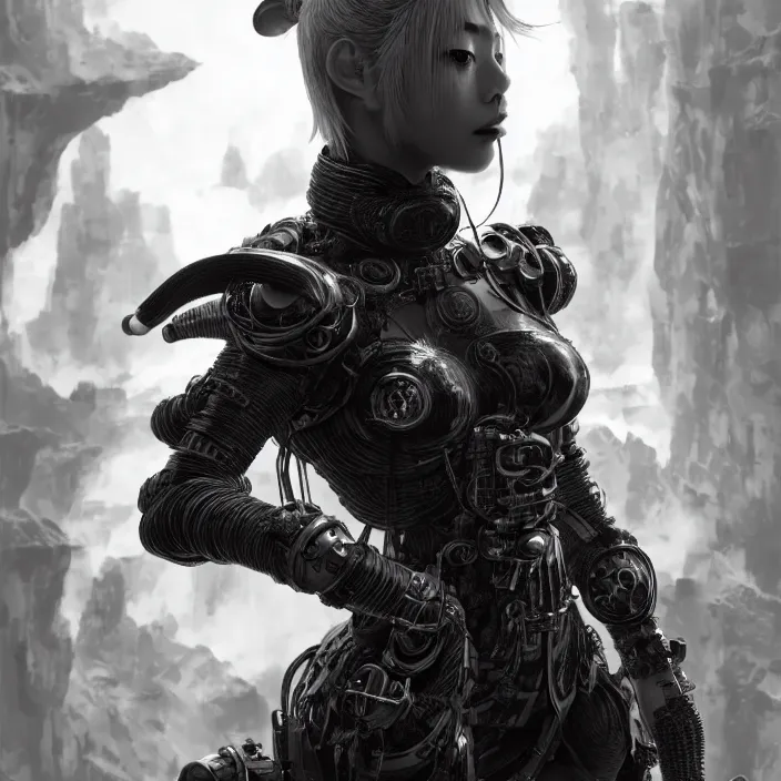 Prompt: a vertical portrait of a character in a scenic environment by nihei tsutomu, black and white, dreamy, steampunk bioarmor, highly detailed, 3 d render, vray, octane, realistic lighting