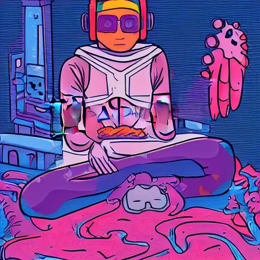 Image similar to in the style of ghostshrimp and deathburger a highly detailed illustration of a young mixed race male explorer wearing a cyberpunk headpiece who is meditating in his bedroom