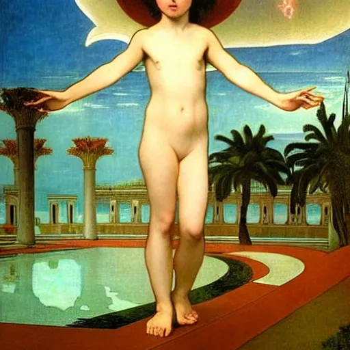 Image similar to Moon girl at the palace, thunderstorm, greek pool, beach and palm trees on the background major arcana sky, by paul delaroche, alphonse mucha and arnold böcklin arnold böcklin hyperrealistic 8k, very detailed