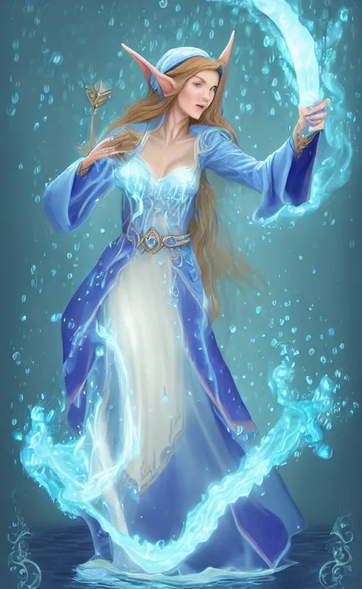 Image similar to elf female sorcerer doing water magic spells, blue robes, exquisite details, full body character design on a white background, by studio muti