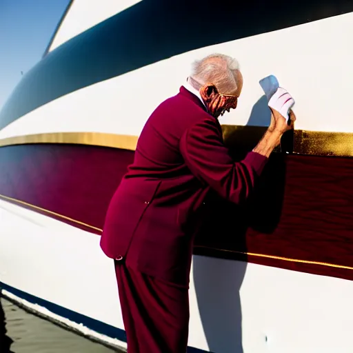 Image similar to wrinkled hunchbacked old man in musty burgundy suit, polishing painting the side of a huge gold plated mega yacht with a cloth, maintenance photo