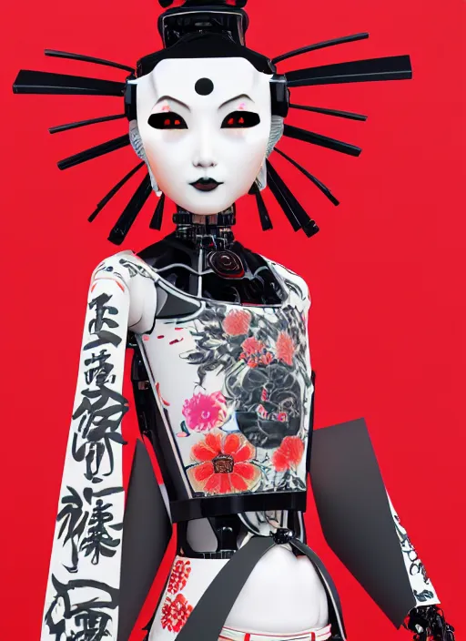 Image similar to full body portrait of a gothic japanese robot geisha with kanji tattoos and decals wearing a digital pixelated kimono, intricate design, photorealistic, octane render, raytraced, ultra fine detailed, character design, trending on artstation