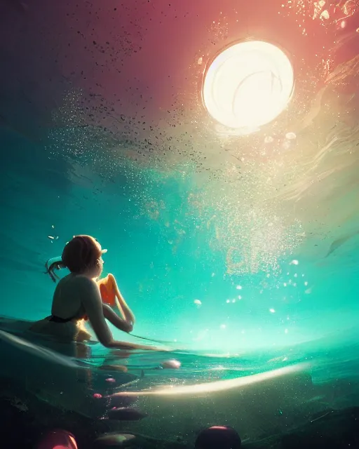Prompt: emma stone, underwater bubbly scenery, radiant light, ismail inceoglu