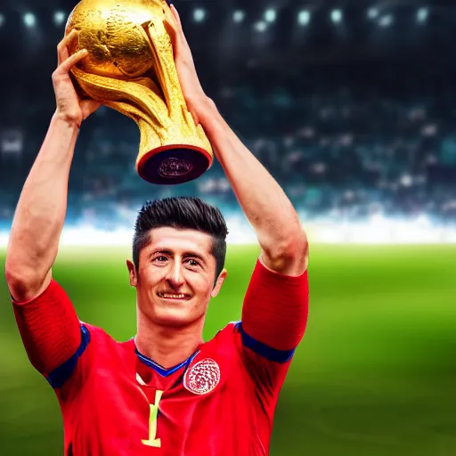 Image similar to portrait of Robert Lewandowski holding World Cup trophy, 4k, hq, high details, natural light, perfect quality, professional photography, award winning photo