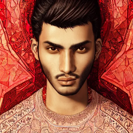 Image similar to portrait of an afghani male model, an ultrafine detailed illustration by james jean, intricate linework, bright colors, final fantasy, behance contest winner, vanitas, angular, altermodern, unreal engine 5 highly rendered, global illumination, radiant light, detailed and intricate environment