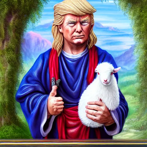 Image similar to a detailed fantasy character painting of Donald Trump holding a lamb, dressed like Jesus Christ, by lauri blank, artgerm, evelyn de morgan, 8K, 50mm lens