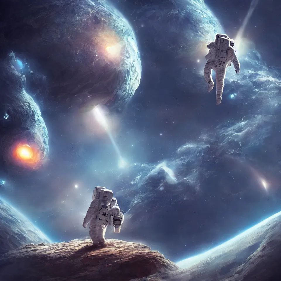 Image similar to astronaut on the edge of the world 🌎 planets and galaxy in the sky, digital art, concept art, fantasy art, highly detailed, HD wallpaper, artstation, Deviantart, abeyance