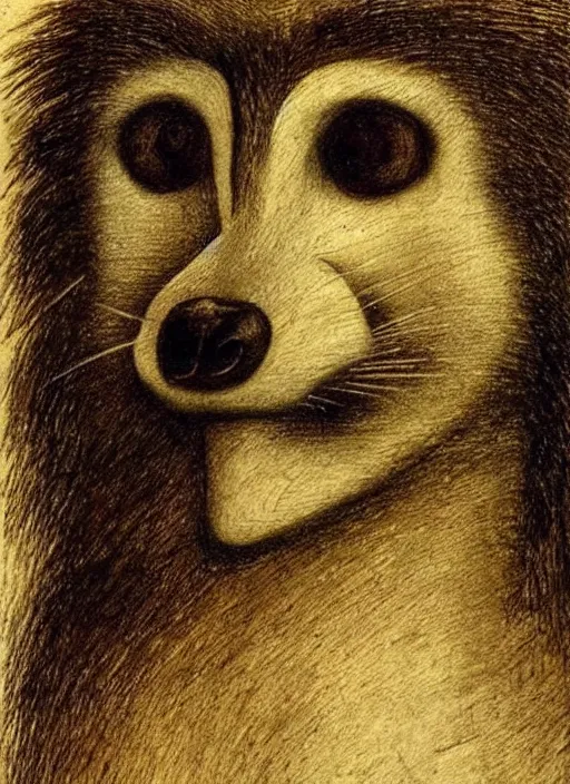 Image similar to self portrait of a racoon in the style of Leonardo Da Vinci, very detailed, drawing
