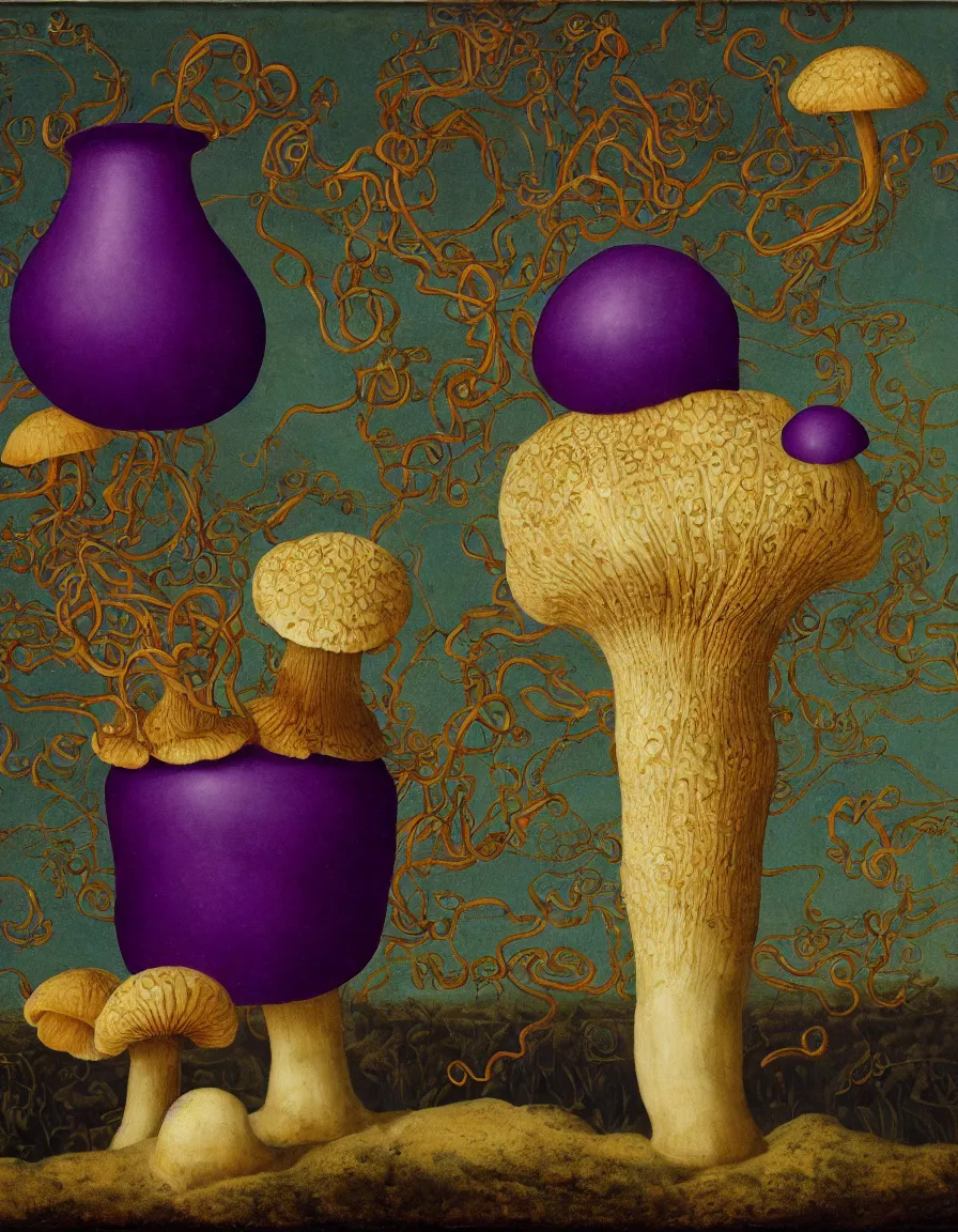 Prompt: vase of mushroom in the sky and under the sea decorated with a dense field of stylized scrolls that have opaque purple outlines, with green jellyfishes, ambrosius benson, oil on canvas, hyperrealism, light color, no hard shadow, around the edges there are no objects