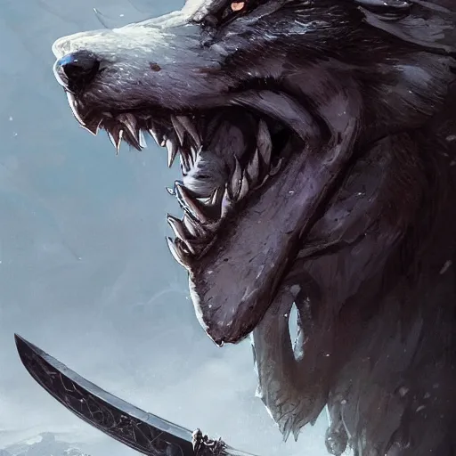 Image similar to Giant wolf holding a large sword in its mouth, hd, intricate, Greg Rutkowski, Elden Ring, 8k, digital art