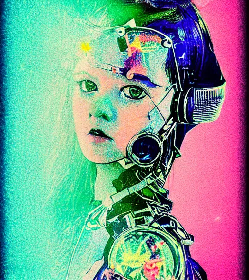 Prompt: 3 5 mm head and shoulders portrait macro shot of a glitchpunk magical girl in a blend of manga - style art, augmented with vibrant composition and color, all filtered through a cybernetic lens, graflex photograph