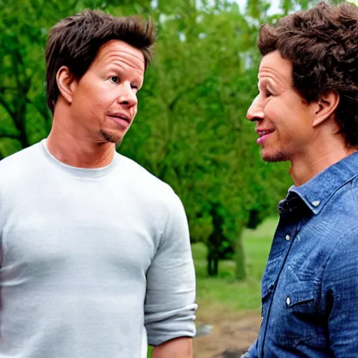 Image similar to mark wahlberg and andy samberg talking to farm animals