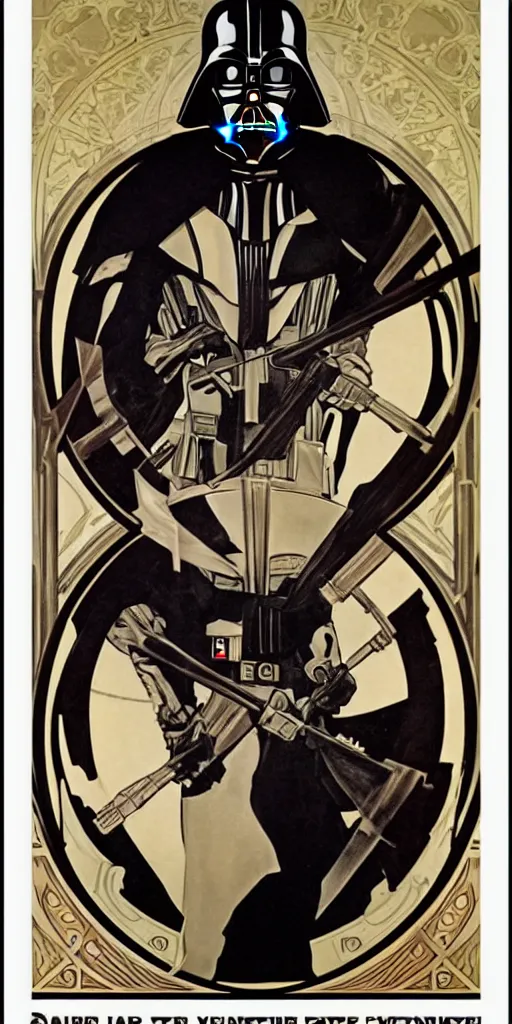 Image similar to Darth Vader helmet , elegant art nouveau poster by Alphonse Mucha