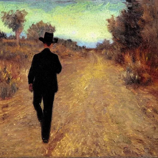 Prompt: the man in black and a revolver in hand walking around an abandoned western town, impressionist painting