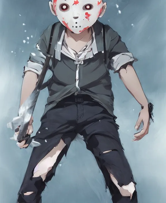 Image similar to cute little boy with black hair anime character inspired by jason voorhees, art by rossdraws, wlop, ilya kuvshinov, artgem lau, sakimichan, jakub rebelka and makoto shinkai, anatomically correct, extremely coherent, highly detailed, sharp focus, slasher movies, smooth, very realistic, symmetrical