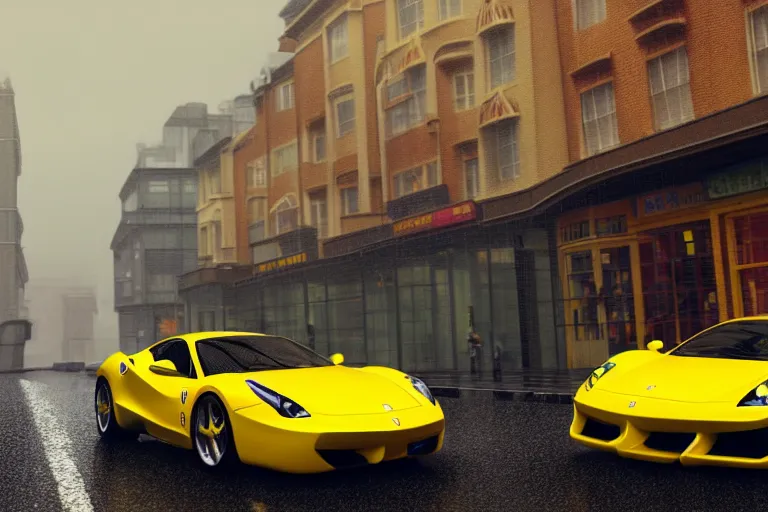 Prompt: a wholesome animation key shot of one focused yellow ferrari, dynamic, on a wet london street, raining, clouwdy atmosphere, wide shot, studio ghibli, pixar and disney animation, sharp, very detailed, high resolution, rendered in unreal engine 5, anime key art by greg rutkowski, overcast lighting, dark