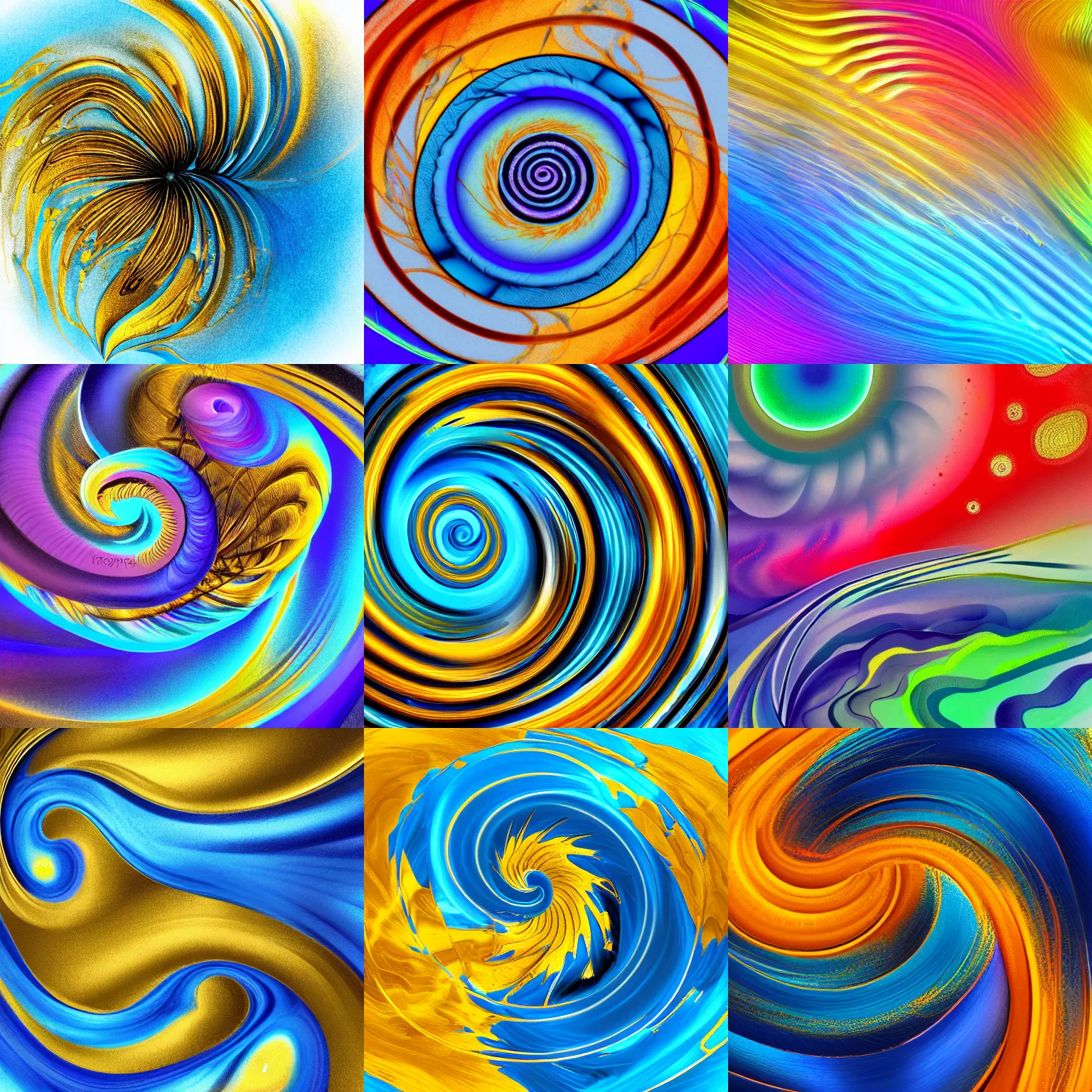 Prompt: flux, fluid, ink, swirl, whorl, spirals, scrolls, clouds, gold and blue. bloom, lighting, smooth. digital painting, hd, 4 k.