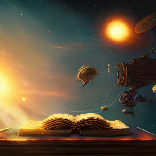 Prompt: long shot of an ancient book on a vintage table in space, concept art, sci - fi illustration, painting, realistic, global illumination, radiant light, detailed and intricate environment, 8 k, h 6 4 0