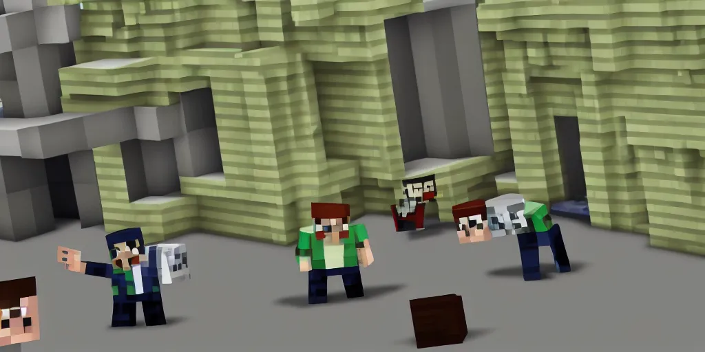 Prompt: White House press briefing with a Minecraft creeper sneaking up behind the President