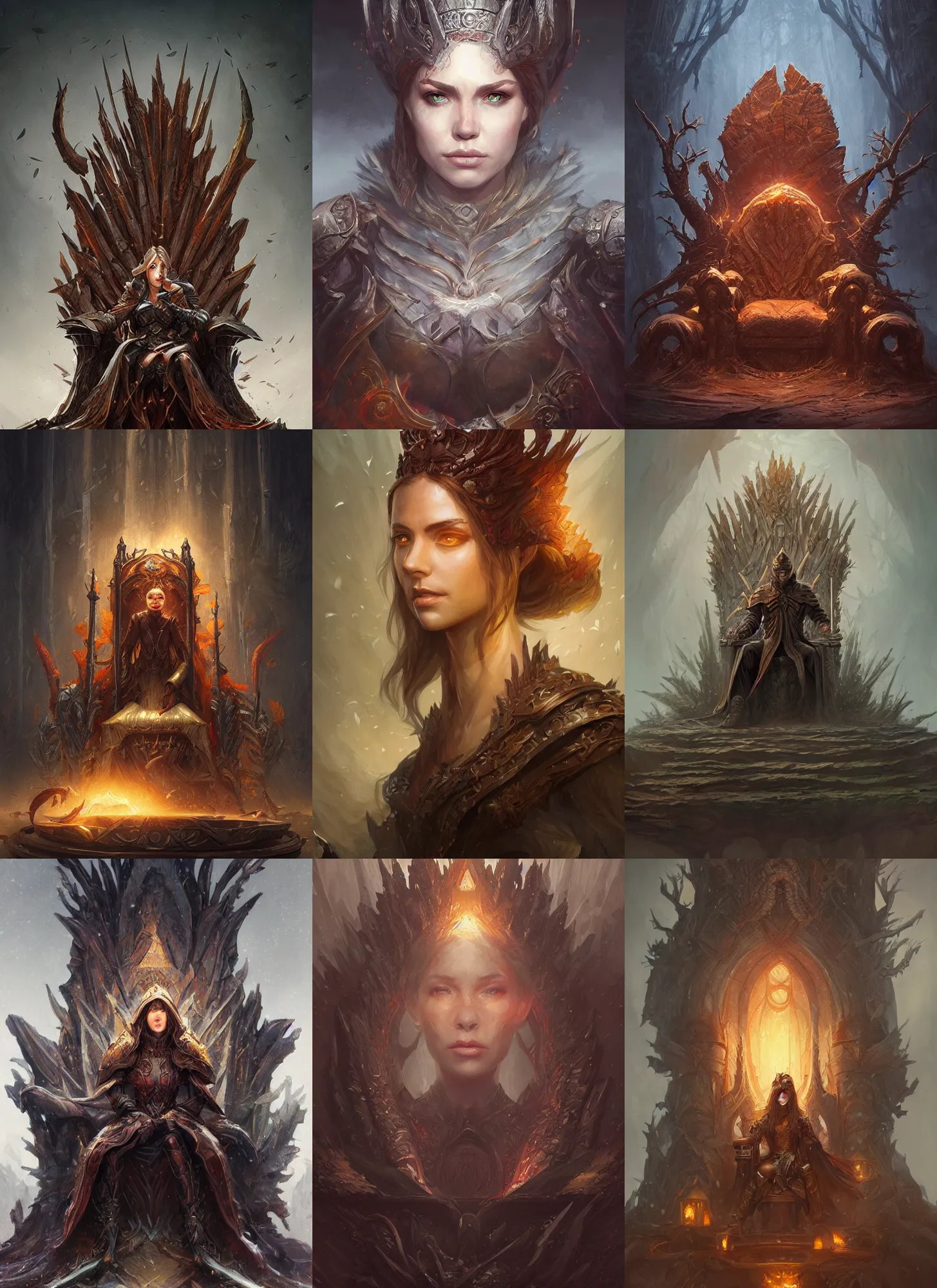 Prompt: throne of autumn, d & d, fantasy, portrait, highly detailed, digital painting, trending on artstation, concept art, sharp focus, illustration, art by artgerm and greg rutkowski and magali villeneuve