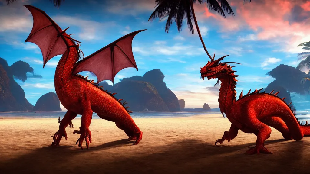 Image similar to dragon on a tropical beach, fantasy artwork, beautiful scenery, hdr, unreal engine 5, cinematic, 8k, ultra detailed, high resolution, artstation, IMAX