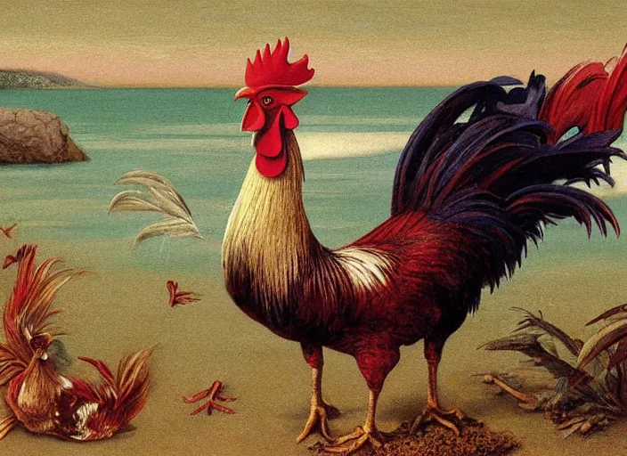 Prompt: rooster, beach, painting, fine art, hard edge painting, tonal colors, polychromatic - colors, by richard dadd