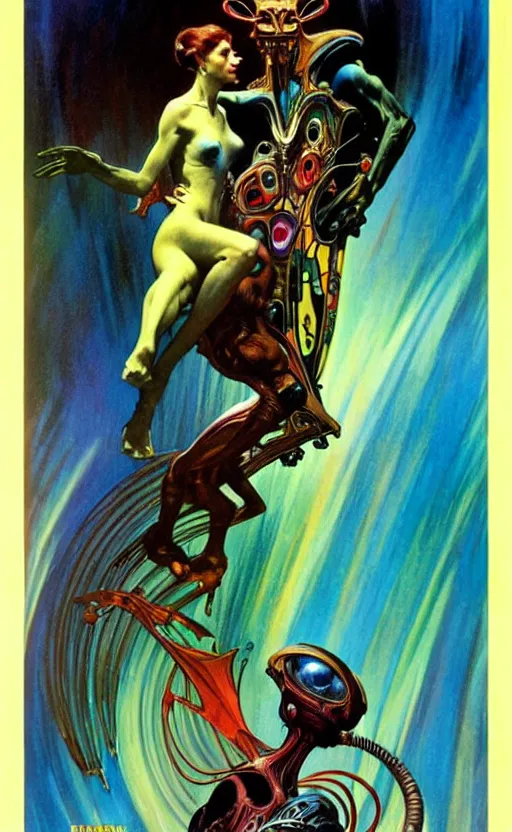 Image similar to exquisite imaginative alien creature poster art, humanoid, music poster, movie art, by frank frazetta, alphonso mucha, norman rockwell 8 k, denoised