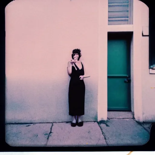 Image similar to colorful instant photograph of a short hair woman smoking in the street, leaning on the wall, polaroid, light leak, raw, nostalgic