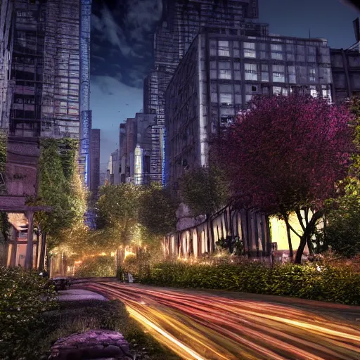 Prompt: city overgrown, night time, photo realistic, glow