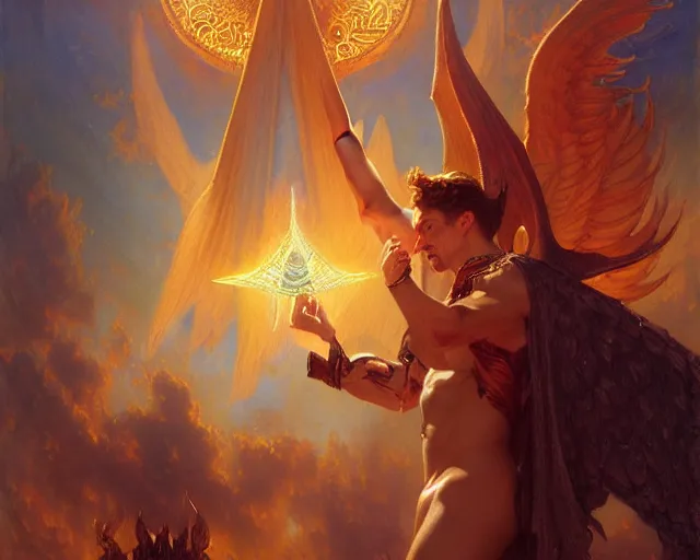 Image similar to attractive male deity, casting demonic magic, summoning handsome lucifer morning star. highly detailed painting by gaston bussiere, craig mullins, j. c. leyendecker 8 k