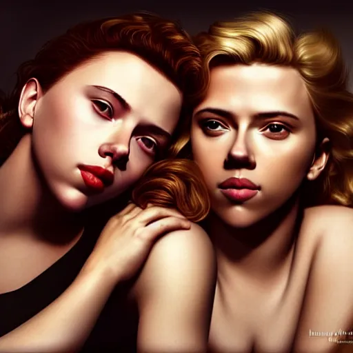 Image similar to intricate beautiful hyperreal portrait of a young scarlett johansson and young scarlett johansson, smiling softly, casual clothes, relaxing on the couch, home interior, golden hour, close up shot, 8 k, art by irakli nadar, hyperrealism, hyperdetailed, ultra realistic