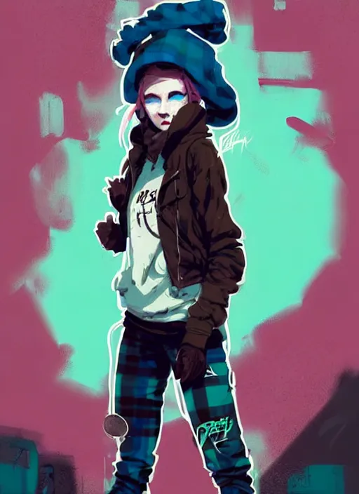 Image similar to highly detailed portrait of a sewer punk lady student, blue eyes, tartan hoody, hat, white hair by atey ghailan, by greg rutkowski, by greg tocchini, by james gilleard, by joe fenton, by kaethe butcher, gradient green, black, brown and magenta color scheme, grunge aesthetic!!! ( ( graffiti tag wall background ) )