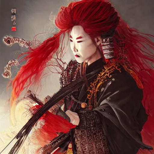 Image similar to an epic portrait of insane samurai wielding a spear, magical aura of insanity, intricate hakama, poofy red wig, eerie, highly detailed, dark fantasy, art by artgerm and greg rutkowski