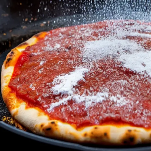 Prompt: a picture of pizza sauce coming out of a volcano