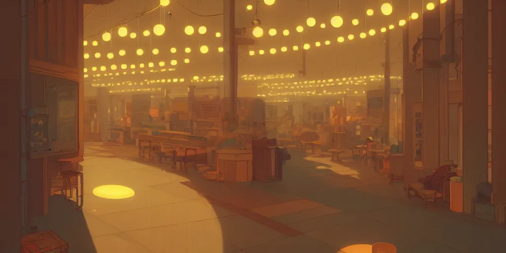 Prompt: arcade interior, lights, by cory loftis, makoto shinkai, hasui kawase, james gilleard, beautiful, serene, peaceful, lonely, golden curve composition