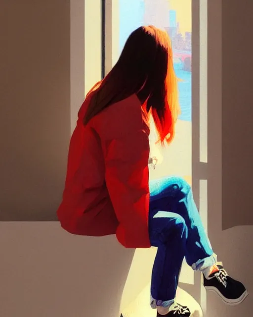 Image similar to A ultradetailed beautiful panting of a stylish woman sitting next to a window, she is wearing streetwear, bright sunny day, Oil painting, by Ilya Kuvshinov, Greg Rutkowski and Makoto Shinkai