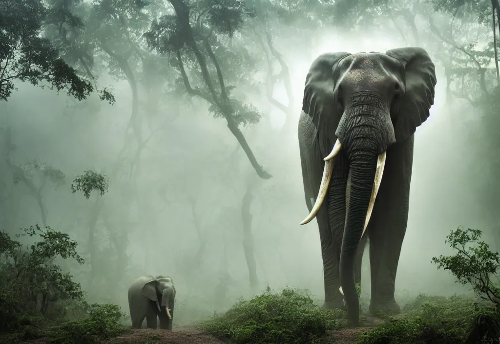 Image similar to an enormous charging elephant king, in a jungle with ominous light from above, ambient light, fog, river, very poetic