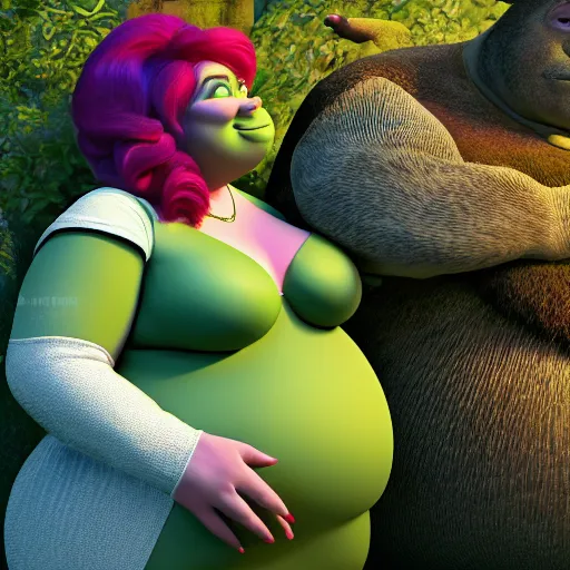 Image similar to big curvy woman sitting in shrek's arms, super realistic, super detailed, high octane, photorealistic, rendering 8 k, 8 k octane, unreal engine,