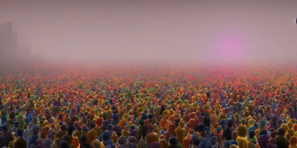 Prompt: Photorealistic crowd of lurching people made from colorful fungus approach. a gentle rising mist. occult photorealism, UHD, amazing depth, glowing, golden ratio, 3D octane cycle unreal engine 5, volumetric lighting, cinematic lighting, cgstation artstation concept art