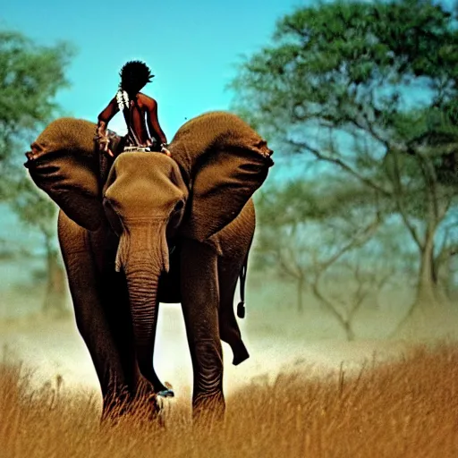 Image similar to film matrix ( 1 9 9 9 ) film still of shot of an tribal african man riding an elephant alone on the savannah, extreme long shot, 4 k, award winning