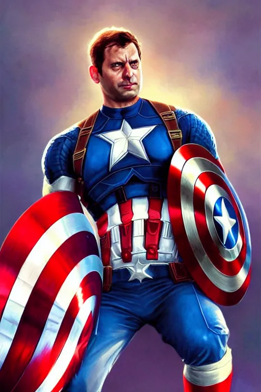 Image similar to Rahul Gandhi as Captain America , Captain America costume, Rahul Gandhi hairstyle, Captain America body type, Rahul Gandhi Face, calm, cute, portrait, baby figure, highly detailed, digital painting, artstation, concept art, smooth, sharp focus, illustration, cinematic lighting, art by artgerm and greg rutkowski and alphonse mucha