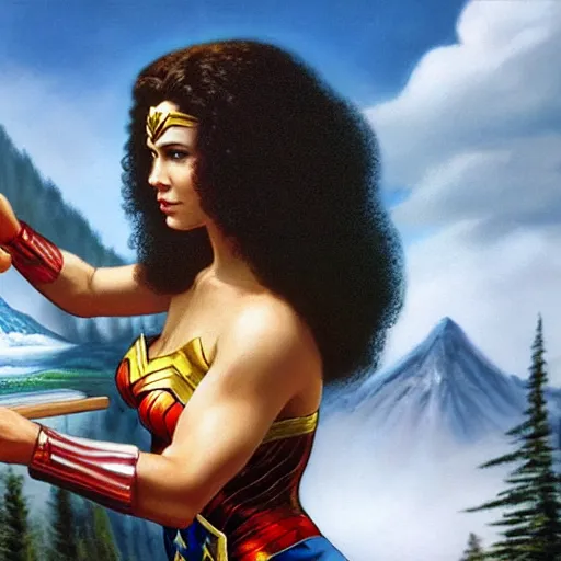 Image similar to a closeup photorealistic photograph of bob ross working on a canvas painting of wonder woman. film still. brightly lit scene. mountains and trees. this 4 k hd image is trending on artstation, featured on behance, well - rendered, extra crisp, features intricate detail, epic composition and the style of unreal engine.