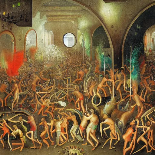 Image similar to a rave party painted by bosch.