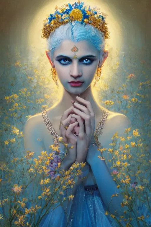 Prompt: a pale Indian girl with white hair, floral crown, sad blue eyes, cinematic lighting, ultra detailed, highly detailed, sharp focus, golden background with flowers, golden jewellery with blue sapphires, photographic, art by artgerm and greg rutkowski and zdislav beksinski