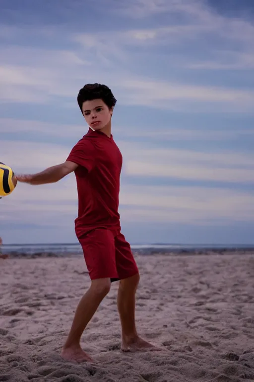 Prompt: young jake t. austin playing volley ball on the beach in beach kings film, red weapon 8 k s 3 5, cooke anamorphic / i lenses, highly detailed, cinematic lighting