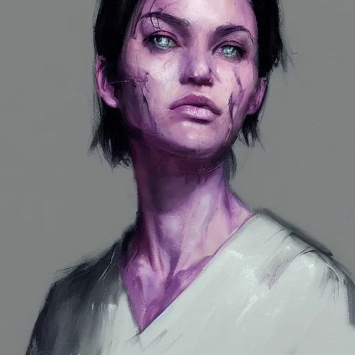 Prompt: portrait of a woman by greg rutkowski, she is about 3 0 years old, messy black bob hair, pale round face, tired eyes, she is wearing a purple nurse jumpsuit, highly detailed portrait, digital painting, artstation, concept art, smooth, sharp foccus ilustration, artstation hq