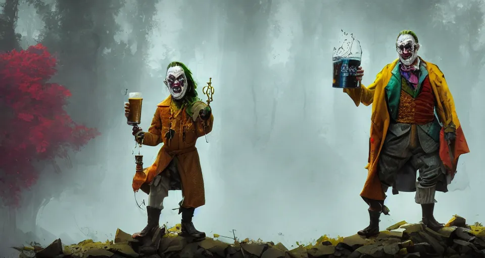 Image similar to robert de niro as medieval joker, crazy colorful clothing with a heavy golden mace in his left hand and a beer jug in his right hand, full body portrait with high detailled face, symmetrical face, intricate details, wandering through a forbidden forest, trending on artstation, 8 k hyperrealistic, style of peter mohrbacher, octane render, unreal engine