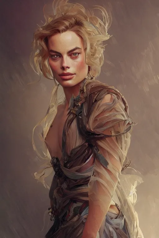 Image similar to A full portrait of Margot Robbie, intricate, elegant, highly detailed, digital painting, artstation, concept art, smooth, sharp focus, illustration, art by Krenz Cushart and Artem Demura and alphonse mucha