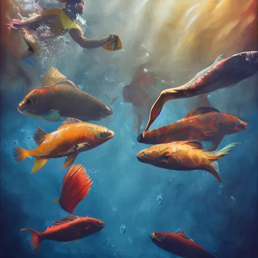 Prompt: Large group of flippers, half men, half fish, diving into a cheap drop from overhyped artist in the sea of fomo, painting, realistic, cinematic lighting, underwater